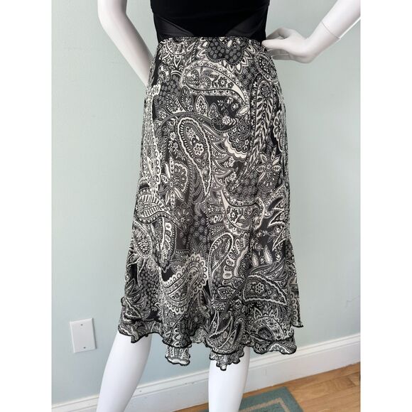 Y2k Briggs New York Black & White Paisley Flowy Boho Style Midi Skirt size PM - Picture 8 of 8